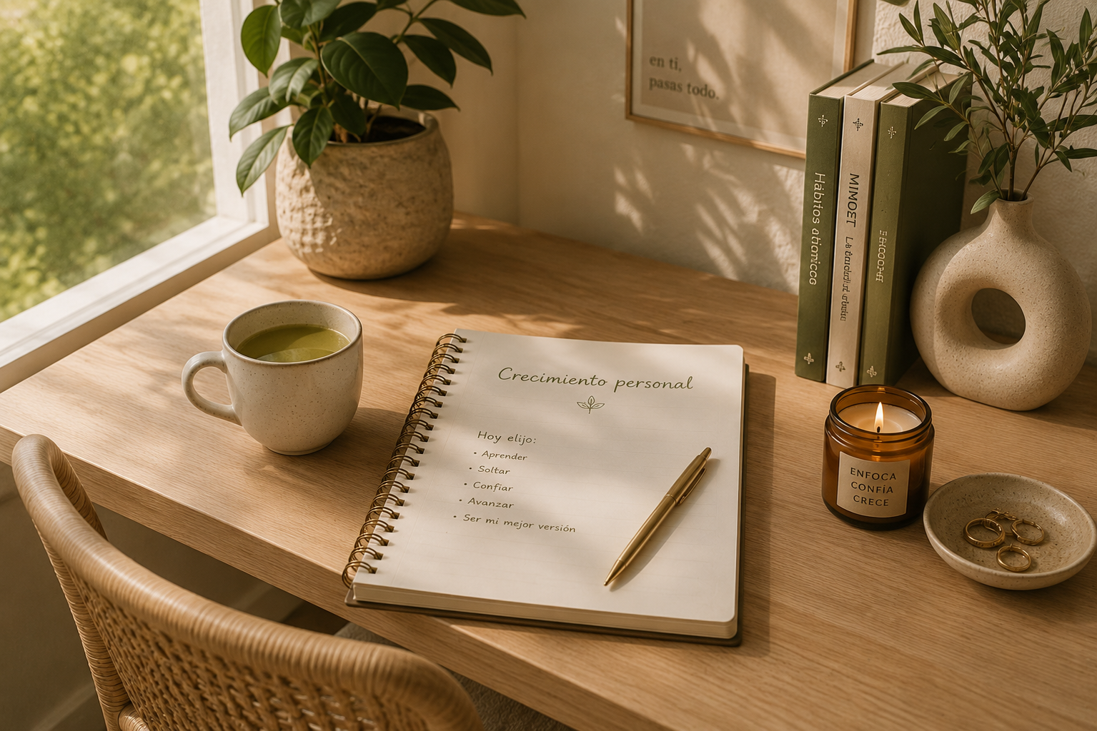 Cuaderno de crecimiento personal junto a plantas y una vela