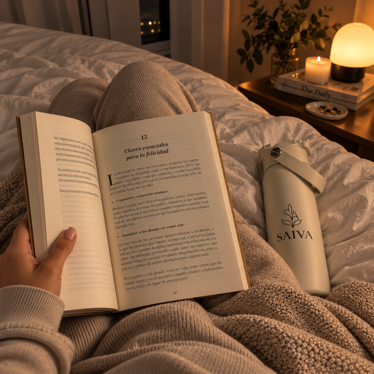 Lectura tranquila junto a una botella SAIVA
