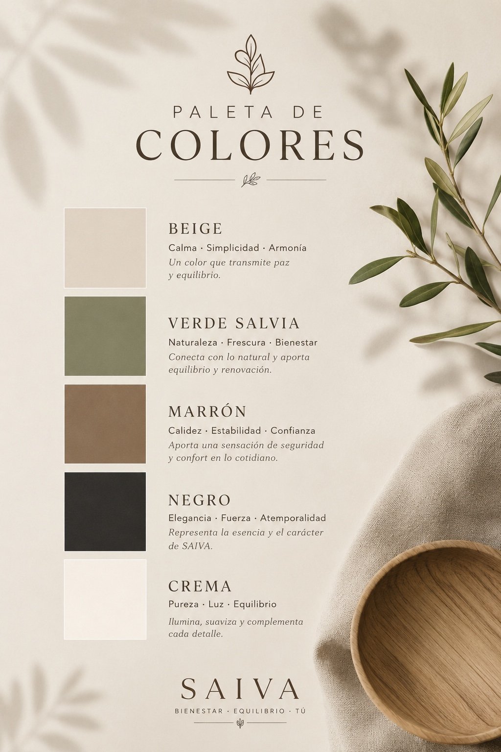 Paleta de colores de SAIVA: beige, verde salvia, marrón, negro y crema