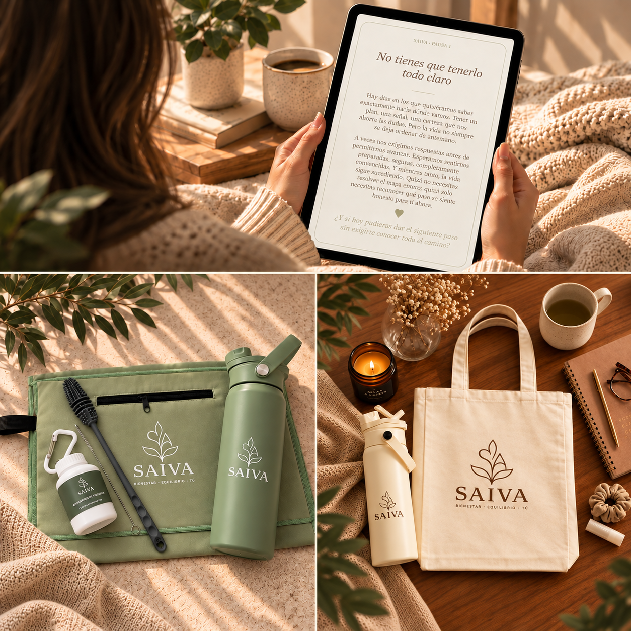 Collage SAIVA: Pausa 1, kit para la rutina y tote bag con botella